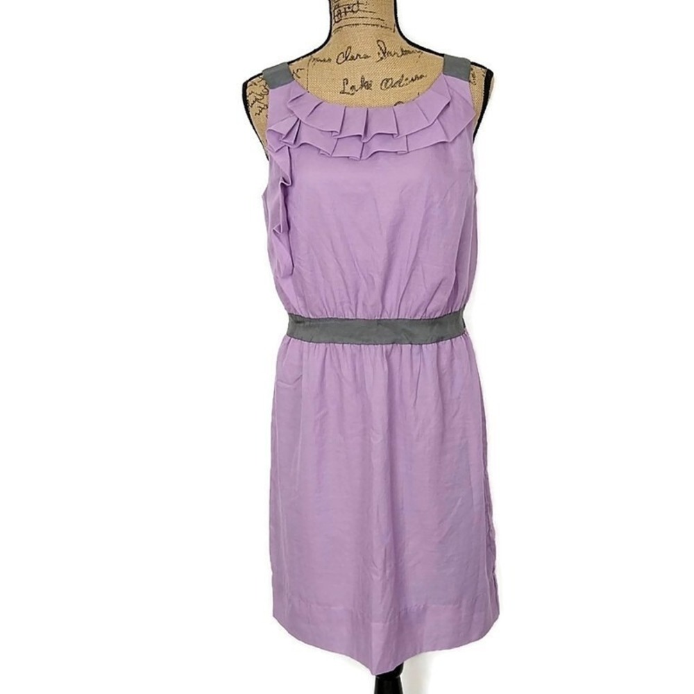 LOFT Lavender Ruffle Neck Dress Gray Waist Sleeveless Knee‎ Length Brunch sz 8